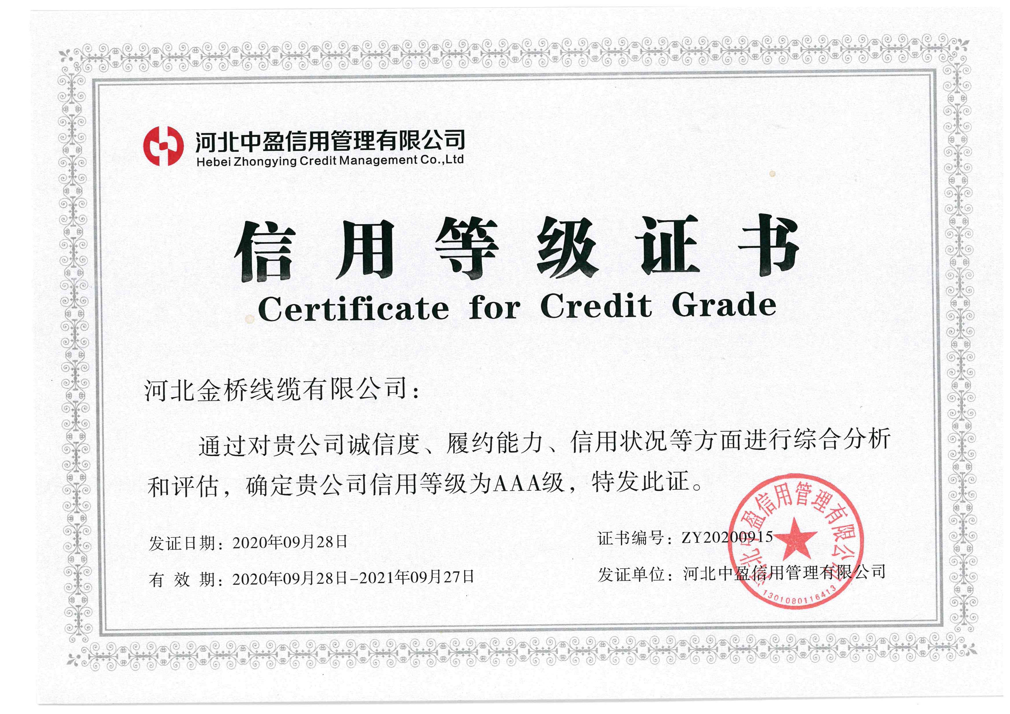 信用(yong)等級證(zheng)書